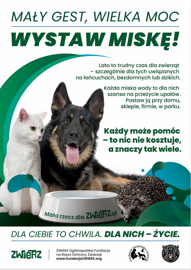 Plakat zachęcający do wystawiania misek z&nbsp;wodą dla zwierząt podczas upał&oacute;w. Na białym tle widoczne są biały kot, owczarek niemiecki oraz&nbsp;jeż stojące obok białej miski z&nbsp;wodą z&nbsp;napisem &bdquo;Mała rzecz dla zwierząt&rdquo;. Zielono-niebieskie elementy graficzne otaczają zwierzęta.  Na g&oacute;rze znajduje się hasło: &bdquo;Mały gest, wielka moc. Wystaw miskę!&rdquo;.  Po prawej stronie umieszczono tekst: &bdquo;Lato to trudny czas dla zwierząt &ndash; szczeg&oacute;lnie dla tych uwiązanych na&nbsp;łańcuchach, bezdomnych lub&nbsp;dzikich. Każda miska wody to dla nich szansa na&nbsp;przeżycie upał&oacute;w. Postaw ją przy domu, sklepie, firmie, w&nbsp;parku.&rdquo; Poniżej wyr&oacute;żniono napis: &bdquo;Każdy może pom&oacute;c &ndash; to nic nie kosztuje, a&nbsp;znaczy tak wiele.&rdquo;  U dołu plakatu znajduje się hasło: &bdquo;Dla Ciebie to chwila. Dla nich &ndash; życie.&rdquo; oraz&nbsp;logotypy Fundacji Zwierz i&nbsp;Fundacji na&nbsp;Rzecz Ochrony Zwierząt wraz z&nbsp;adresem strony internetowej www.fundacjazwierz.org
