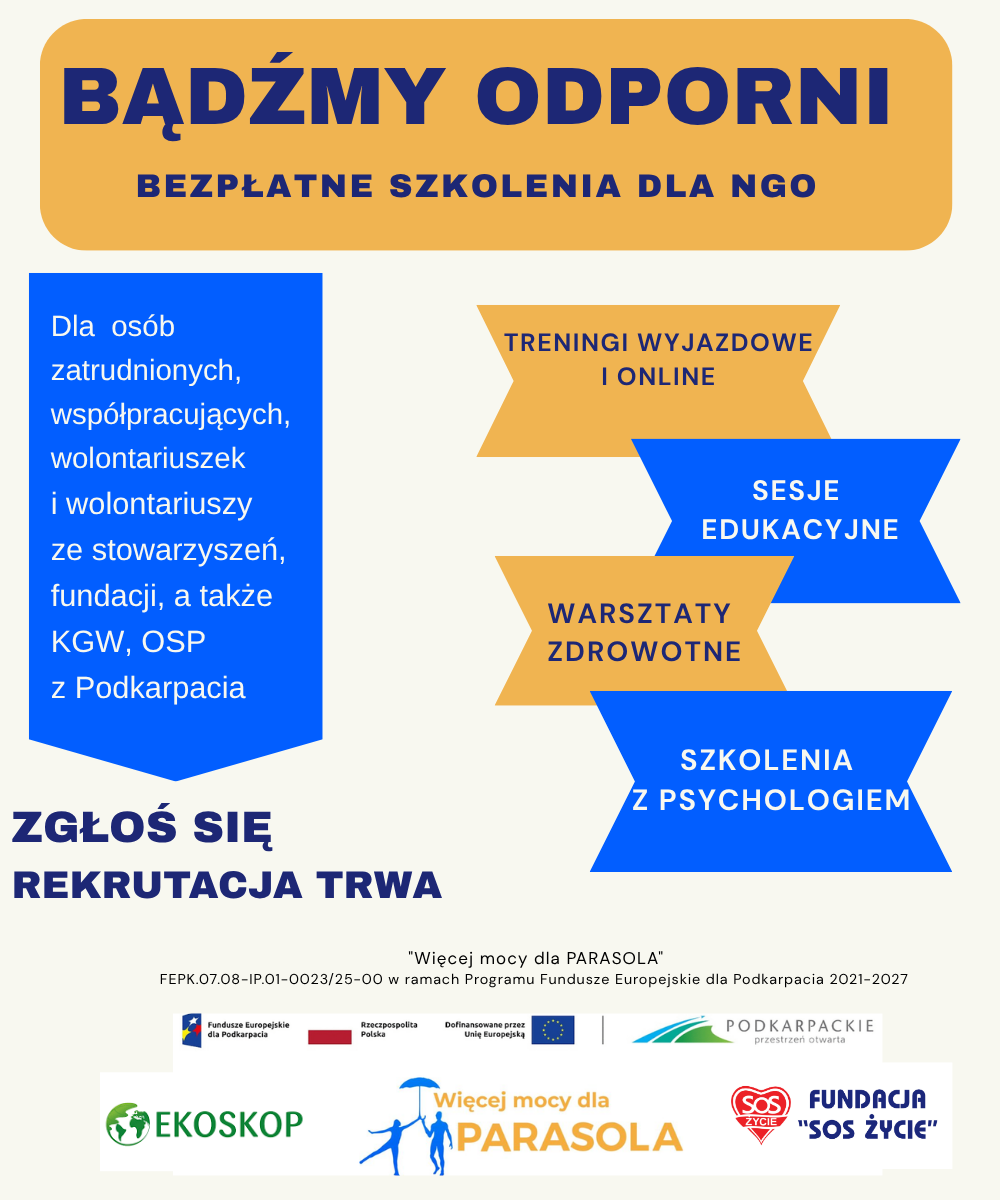 Plakat informacyjny na&nbsp;jasnym tle promujący bezpłatne szkolenia dla organizacji pozarządowych z&nbsp;Podkarpacia. U g&oacute;ry znajduje się duży napis &bdquo;BĄDŹMY ODPORNI&rdquo; oraz&nbsp;podtytuł &bdquo;BEZPŁATNE SZKOLENIA DLA NGO&rdquo;. Po lewej stronie umieszczono informację, że&nbsp;oferta jest skierowana do os&oacute;b zatrudnionych, wsp&oacute;łpracujących oraz&nbsp;wolontariuszek i&nbsp;wolontariuszy stowarzyszeń, fundacji, K&oacute;ł Gospodyń Wiejskich (KGW) i&nbsp;Ochotniczych Straży Pożarnych (OSP) z&nbsp;Podkarpacia. Po prawej stronie wymieniono formy wsparcia: treningi wyjazdowe i&nbsp;online, sesje edukacyjne, warsztaty zdrowotne oraz&nbsp;szkolenia z&nbsp;psychologiem. W dolnej części znajduje się zachęta &bdquo;ZGŁOŚ SIĘ &ndash; REKRUTACJA TRWA&rdquo;, informacja o&nbsp;projekcie &bdquo;Więcej mocy dla PARASOLA&rdquo; realizowanym w&nbsp;ramach Programu Fundusze Europejskie dla Podkarpacia 2021&ndash;2027 oraz&nbsp;logotypy Funduszy Europejskich, Rzeczypospolitej Polskiej, Unii Europejskiej, Wojew&oacute;dztwa Podkarpackiego, EKOSKOP, projektu &bdquo;Więcej mocy dla PARASOLA&rdquo; i&nbsp;Fundacji &bdquo;SOS Życie&rdquo;.