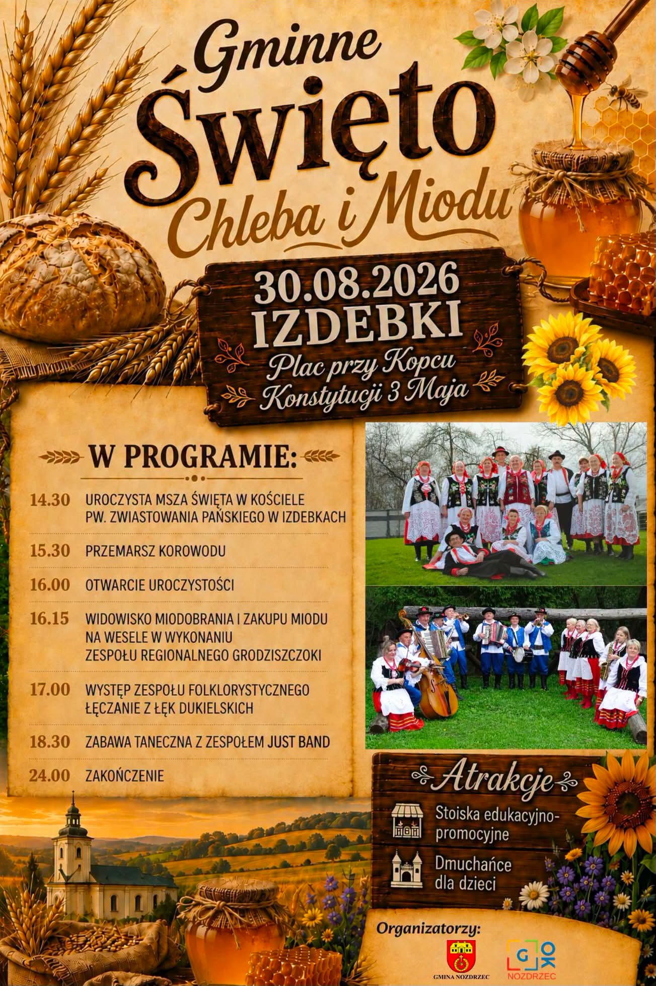Plakat informujący o&nbsp;gminnym święcie chleba i&nbsp;miodu, kt&oacute;re odbędzie się w&nbsp;Izdebkach 30 sierpnia 2026 r.
