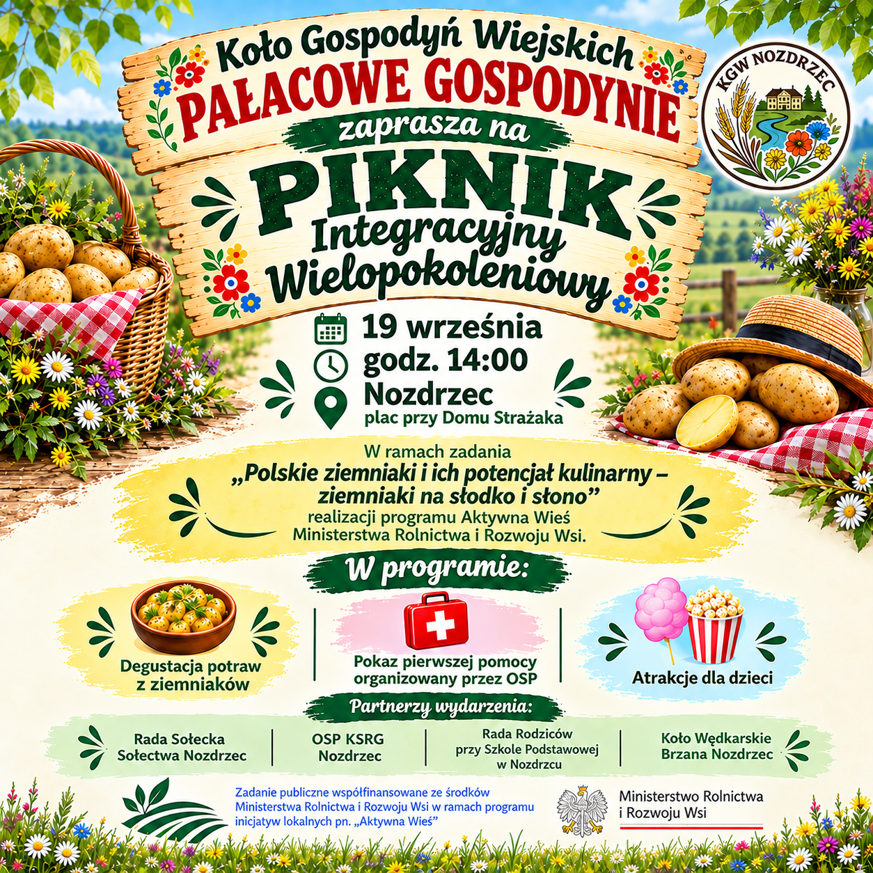 Plakat zapraszający na&nbsp;Piknik Integracyjny Wielopokoleniowy organizowany przez Koło Gospodyń Wiejskich &bdquo;Pałacowe Gospodynie&rdquo;. Wydarzenie odbędzie się 19 września o&nbsp;godz. 14:00 w&nbsp;Nozdrzcu, na&nbsp;placu przy Domu Strażaka. W programie: degustacja potraw z&nbsp;ziemniak&oacute;w, pokaz pierwszej pomocy organizowany przez OSP oraz&nbsp;atrakcje dla dzieci. Plakat informuje r&oacute;wnież o&nbsp;partnerach wydarzenia i&nbsp;realizacji zadania w&nbsp;ramach programu &bdquo;Aktywna Wieś&rdquo; Ministerstwa Rolnictwa i&nbsp;Rozwoju Wsi. Grafika przedstawia wiejski krajobraz, ziemniaki, kwiaty, kosze oraz&nbsp;dekoracje nawiązujące do tradycji ludowych.