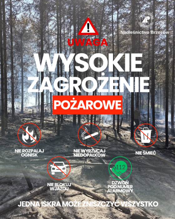 Na zdjęciu znajduje się plakat ostrzegawczy dotyczący wysokiego zagrożenia pożarowego w&nbsp;lesie. W tle znajduje się las, w&nbsp;kt&oacute;rym widać ślady po pożarze lub&nbsp;akcji gaśniczej &ndash; ziemia jest zwęglona, a&nbsp;między drzewami unosi się dym. U g&oacute;ry umieszczono czerwony