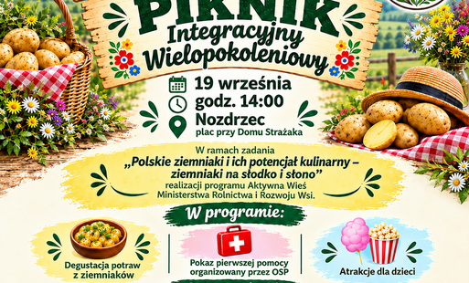 Plakat zapraszający na Piknik Integracyjny Wielopokoleniowy organizowany przez Koło Gospodyń Wiejskich „Pałacowe Gospodynie”. Wydarzenie odbędzie się 19 września o godz. 14:00 w Nozdrzcu, na placu przy Domu Strażaka. W programie: degustacja potraw z ziemniaków, pokaz pierwszej pomocy organizowany przez OSP oraz atrakcje dla dzieci. Plakat informuje również o partnerach wydarzenia i realizacji zadania w ramach programu „Aktywna Wieś” Ministerstwa Rolnictwa i Rozwoju Wsi. Grafika przedstawia wiejski krajobraz, ziemniaki, kwiaty, kosze oraz dekoracje nawiązujące do tradycji ludowych.