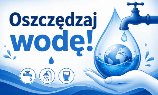 Grafika w odcieniach niebieskiego i bieli z dużym napisem „Oszczędzaj wodę!”. Po prawej stronie znajduje się niebieski kran, z którego spada pojedyncza kropla do dużej kropli wody. W jej wnętrzu widoczna jest kula ziemska częściowo zanurzona w wodzie, pod