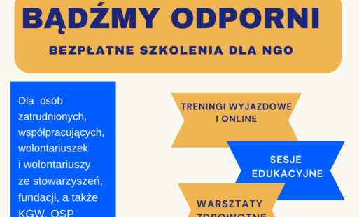 Plakat informacyjny na jasnym tle promujący bezpłatne szkolenia dla organizacji pozarządowych z Podkarpacia. U góry znajduje się duży napis „BĄDŹMY ODPORNI” oraz podtytuł „BEZPŁATNE SZKOLENIA DLA NGO”. Po lewej stronie umieszczono informację, że oferta je