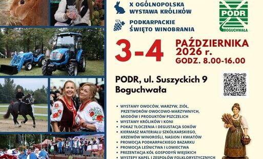 Plakat promujący XXI Jesienną Giełdę Ogrodniczą organizowaną przez Podkarpacki Ośrodek Doradztwa Rolniczego w Boguchwale. Wydarzenie odbędzie się 3–4 października 2026 r. w godz. 8:00–16:00 przy ul. Suszyckich 9 w Boguchwale. Na plakacie przedstawiono zdjęcia płodów rolnych, warzyw, owoców, zwierząt, maszyn rolniczych oraz występów folklorystycznych. W programie m.in. wystawy i aukcje ogierów zimnokrwistych oraz królików, Podkarpackie Święto Winobrania, wystawy produktów rolniczych, kiermasze, degustacje, promocja leśnictwa i łowiectwa, prezentacje kół gospodyń wiejskich, występy zespołów folklorystycznych, konkursy i atrakcje dla dzieci. Na dole podano adres strony internetowej podrb.pl